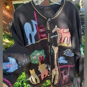 SUSAN BRISTOL  Animals Cardigan Sweater grandmacore eclectic grandpa